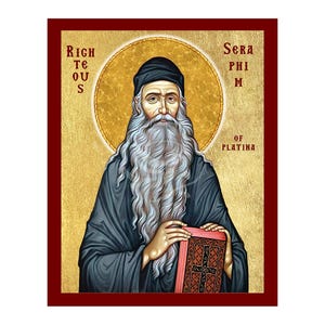 Może przedstawiać: Ikona przedstawiająca mężczyznę z długą białą brodą, w czarnym kapeluszu i szacie, trzymającego książkę. Obraz ma złote tło z tekstem "Righteous Seraphim of Platina" w czerwonych i złotych literach, oprawiony w czerwoną ramkę.