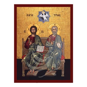 May include: An icon depicting the Holy Trinity, with three figures seated on a throne. The figures are dressed in robes and have halos. The central figure holds a book, while the figures on either side hold scrolls. The icon is painted on a gold background with a dove representing the Holy Spirit above the figures. The text "Holy Trinity" is written in Greek at the top of the icon.