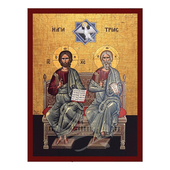 Jesus Christ The Holy Trinity Icon, Handmade Greek Orthodox icon of Jesus Christ, Byzantine art wall hanging plaque, christian art