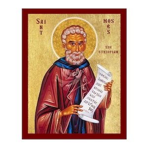Ícono de San Moisés Etíope, Ícono religioso de San Moisés hecho a mano, Placa de arte bizantino para colgar en la pared, Arte religioso cristiano