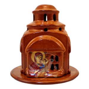 Ceramic Vigil Lamp, Kandili with Virgin Mary Icon, Handmade Chestnut Brown