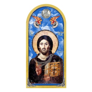 Jesus Christ of Sinai Icon with Painted Sky and Angels 38x18cm-15.0x7.1 inches, Handmade Wall Art, Byzantine hanging plaque, Christian gift