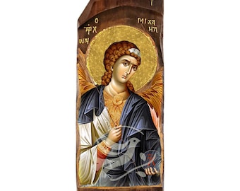 Archangel Michael icon, Handmade Greek Orthodox icon of Archangel, Byzantine art wall hanging plaque, religious gift