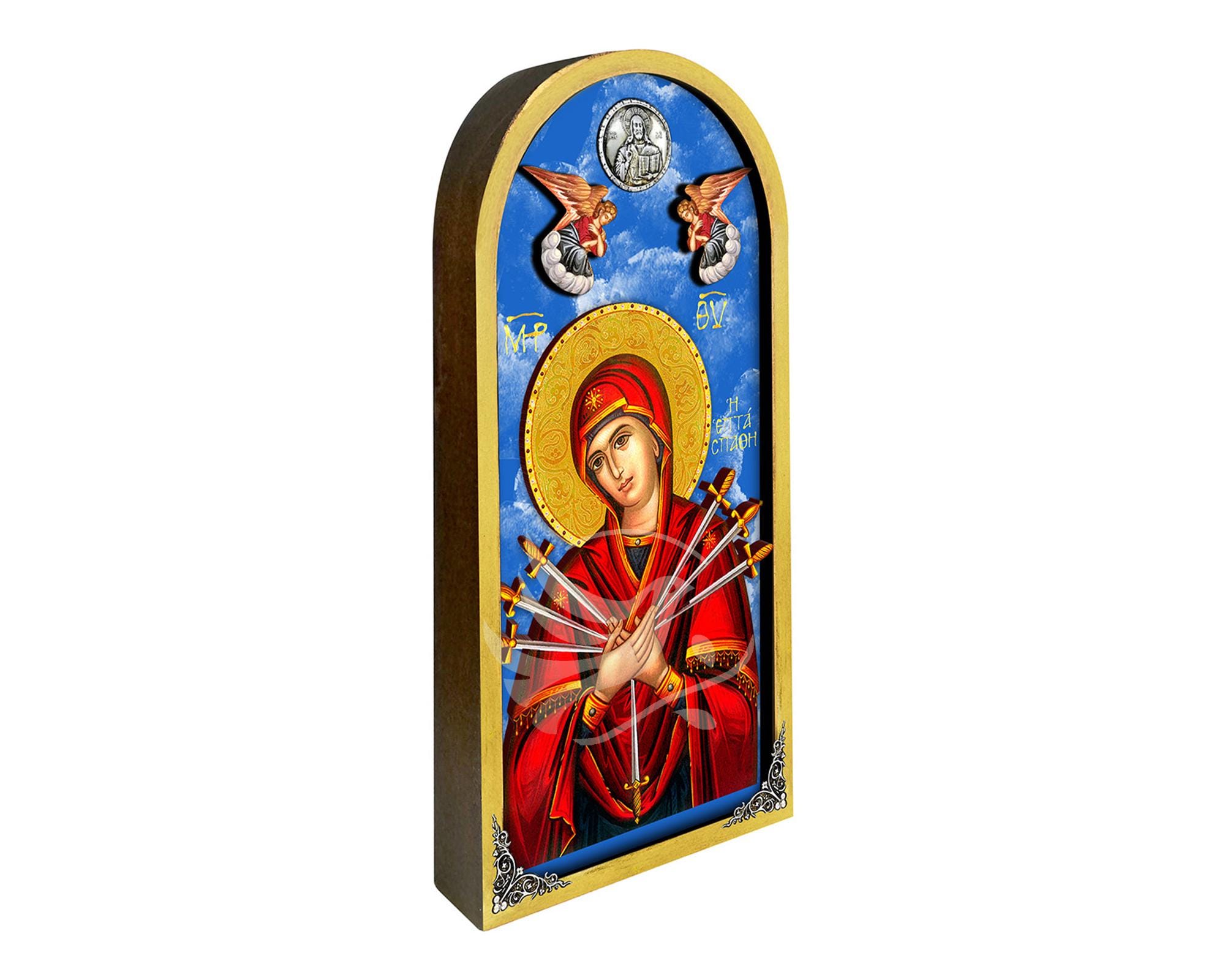 Virgin Mary of the Seven Sorrows Icon With Painted Sky 38x18cm