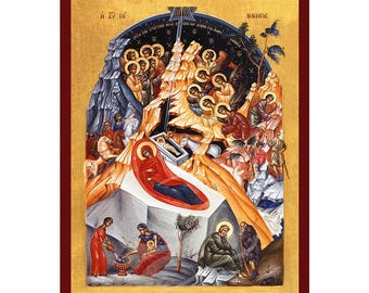 The Nativity of Christ Icon, Handmade Greek Orthodox icon of Jesus Christ, Byzantine art wall hanging plaque, christian decor