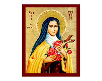 Könnte beinhalten: Eine Ikone der Heiligen Therese von Lisieux, gerahmt in einem dunkelroten Rahmen. Die Heilige wird mit einem Heiligenschein dargestellt und hält ein Kruzifix und einen Strauß roter Rosen. Sie trägt einen blauen Schleier, eine weiße Haube und ein gelbes Gewand. Der Text "SAINT OF LISIEUX" ist sichtbar.