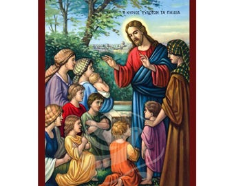 Jesus Christ Blessing the Children Icon, Handmade Greek Orthodox icon of Jesus Christ, Byzantine art wall hanging plaque, religious gift