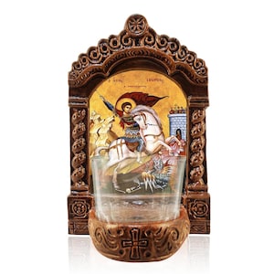 Saint George Vigil Lamp, Agios Georgios Tabletop Icon, Handmade Ceramic Vigil Lamp with Glass Cup