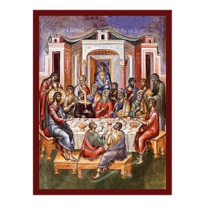 May include: A painting depicting the Last Supper, a Christian religious scene. The painting features Jesus Christ and his disciples gathered around a table, with a bowl of food and a pitcher of wine in the center. The painting is set in a room with a vaulted ceiling and a window in the back wall. The painting is done in a traditional style, with realistic figures and a detailed background.