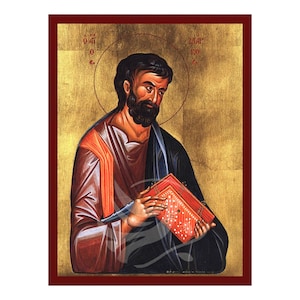 May include: A Byzantine icon depicting a bearded man in a red and blue robe, holding a book. The icon has a gold background with Greek text.
