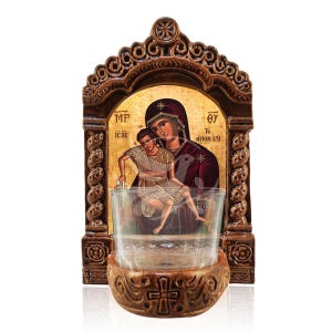 Theotokos Axion Esti Vigil Lamp, Panagia Theotokos Axion Esti Tabletop Icon, Handmade Ceramic Vigil Lamp with Glass Cup