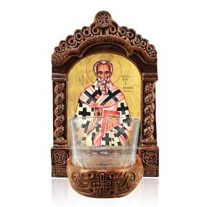 Saint Nicephorus Vigil Lamp, Saint Nicephorus of Constantinople Greekmade Tabletop Icon, Handmade Ceramic Vigil Lamp with Glass Cup