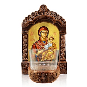 Our Lady of Sumela Vigil Lamp, Virgin Mary of Sumela Greekmade Tabletop Icon, Handmade Ceramic Vigil Lamp with Glass Cup