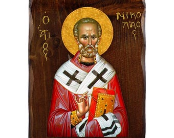 Saint Nicholas icon, Handmade Greek Orthodox icon of St Nicholas, Byzantine art wall hanging plaque, religious gift, christian decor