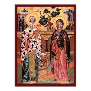 Saints Cyprian and Justina Icon, Handmade Byzantine icon of Cyprian and Justina, Religious art wall hanging plaque, christian gift