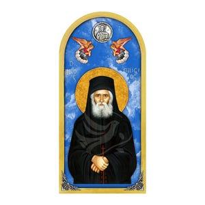 Saint Paisios Icon with Painted Sky and Angels 38x18cm-15.0x7.1 inches, Handmade Wall Art, Byzantine plaque, Christian gift, Mount Athos