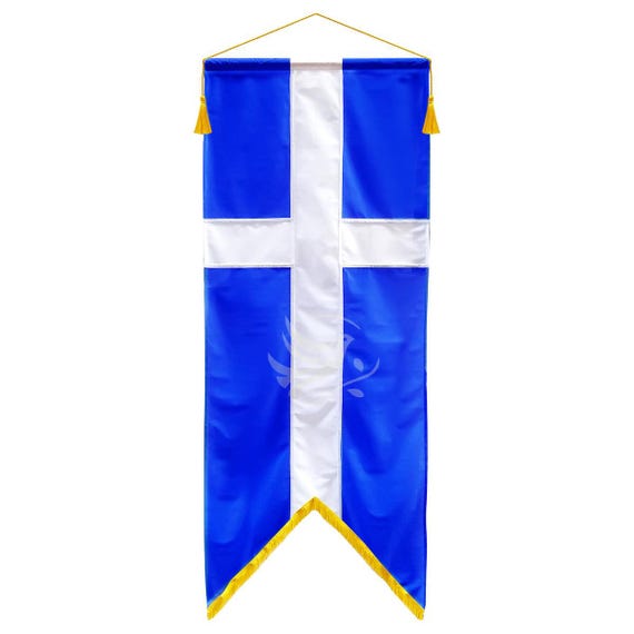 Greece Banner Flag With Golden Tassels and Wooden Handle, Church