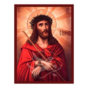 Può includere: Un'icona religiosa che raffigura Gesù Cristo con una corona di spine e una veste rossa. Tiene un bastone nella mano destra e la mano sinistra è legata. L'icona è su uno sfondo dorato con un'aureola intorno alla testa di Gesù. Il testo "Ο ΝΥΜΦΙΟΣ" è scritto in greco nell'angolo in basso a destra dell'icona.