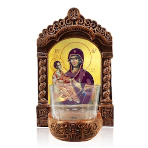 Virgin Mary Vigil Lamp, Our Lady of the Three Hands Greekmade Tabletop Icon, Handmade Ceramic Vigil Lamp with Glass Cup