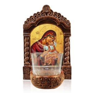 Our Lady of the Heart Vigil Lamp, Virgin Mary the Heartfelt One Greekmade Tabletop Icon, Handmade Ceramic Vigil Lamp with Glass Cup