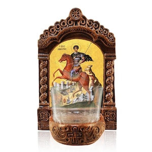 Saint Demetrius Vigil Lamp, Agios Dimitrios Tabletop Icon, Handmade Ceramic Vigil Lamp with Glass Cup
