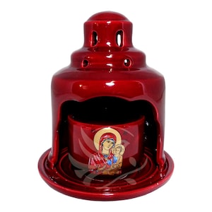 Ceramic Vigil Lamp, Kandili with Virgin Mary Icon, Handmade Burgundy Red