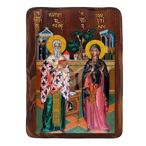 Saints Cyprian and Justina icon, Handmade Greek Orthodox icon, Byzantine art wall hanging plaque, religious gift, christian decor
