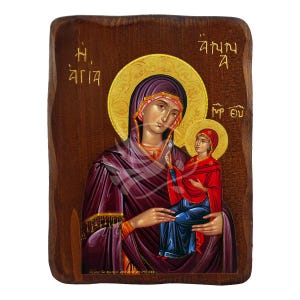 May include: A wooden icon depicting the Virgin Mary and baby Jesus. The icon is painted in a traditional style with gold accents. The text on the icon reads "Η ΑΓΙΑ" and "ΘΕΟΥ ΜΗΤΕΡ".