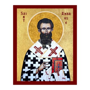 Peut inclure: Icône de Saint Ambroise, représentant un homme à la barbe sombre et à l'auréole dorée. Il porte un vêtement à motifs noirs et blancs avec des croix rouges et tient un livre rouge. Les mots "SAINT" et "AMBROISE" sont écrits en haut.