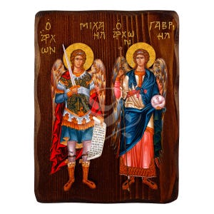 Archangels Michael and Gabriel icon, Handmade Greek icon of Archangels, Byzantine art wall hanging plaque, religious gift, christian decor