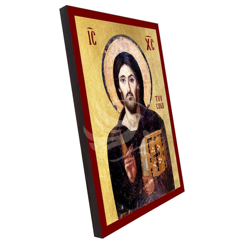 May include: A religious icon featuring a depiction of Jesus Christ with a halo, holding a book. The icon has a gold background with red and black borders. The image includes Greek text.