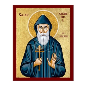 Ikona Świętego Szarbela Makhloufa, ręcznie robiona ikona katolicka Świętego Szarbela Makhloufa, tablica ścienna w stylu bizantyjskim, chrześcijańska sztuka religijna