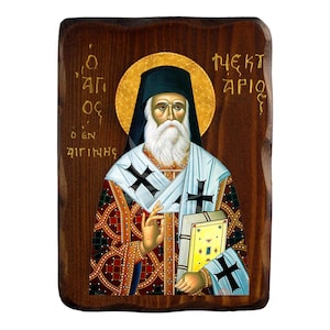Saint Nektarios icon, Handmade Greek Orthodox icon of St Nektarios, Byzantine art wall hanging plaque, religious gift, christian decor