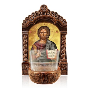 Jesus Christ Vigil Lamp, Jesus Christ Evlogon Tabletop Icon, Handmade Ceramic Vigil Lamp with Glass Cup