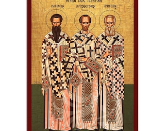 Icono de los santos jerarcas Basilio el Grande, Gregorio el Teólogo y Juan Crisóstomo, placa de arte bizantino para colgar en la pared, regalo cristiano