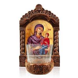 Saint Anne Vigil Lamp, Agia Anna Tabletop Icon, Handmade Ceramic Vigil Lamp with Glass Cup