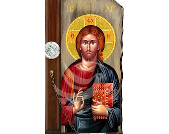 Jesus Christ icon, Handmade Greek Orthodox icon of Jesus Christ, Byzantine art wall hanging plaque, religious gift, christian decor