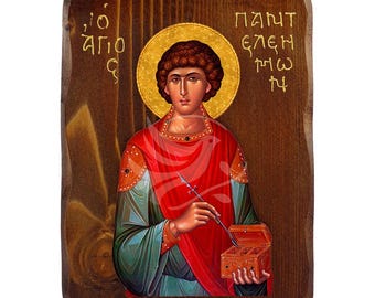 Saint Panteleimon icon, Handmade Greek Orthodox icon of St Panteleimon, Byzantine art wall hanging plaque, religious gift, christian decor