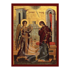 Annunciation of the Holy Mother Icon, Handmade Greek icon of Evangelismos Tis Theotokou, Byzantine art wall hanging plaque, christian gift