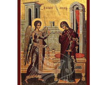 Annunciation of the Holy Mother Icon, Handmade Greek icon of Evangelismos Tis Theotokou, Byzantine art wall hanging plaque, christian gift
