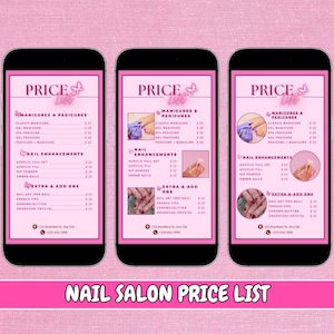 Edytowalny szablon Canva cennika salonu paznokci | Różowe menu usług kosmetycznych na Instagram i media społecznościowe | Natychmiastowe pobieranie cyfrowe