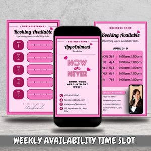 Puede incluir: Plantillas rosas y blancas de disponibilidad de citas con un teléfono inteligente que muestra el texto «Ahora o nunca». Las plantillas muestran los horarios semanales y la información de contacto. La frase «Franja horaria de disponibilidad semanal» está en la parte inferior.