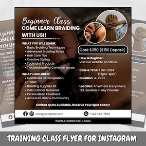 Puede incluir: Un folleto para una clase de trenzado para principiantes. El folleto es marrón con texto negro y presenta una foto de una mujer con trenzas. El folleto incluye el título de la clase, la fecha, la hora, la ubicación, el costo y la información de contacto. El texto en el folleto dice: "Clase para principiantes Aprende a trenzar con nosotros!"  "Costo: $ 350 ($ 150 de depósito)" "Fecha y hora: 1 de diciembre de 2024 (12:00-16:00)" "Ubicación: En cualquier lugar, 123 Ubicación en cualquier país."
