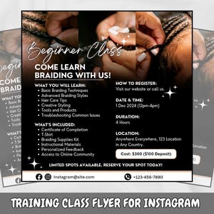 Edytowalny szablon ulotki na zajęcia z warkoczy na Instagramie | Canva Hair Training Workshop Post & Story | Pobieranie cyfrowe