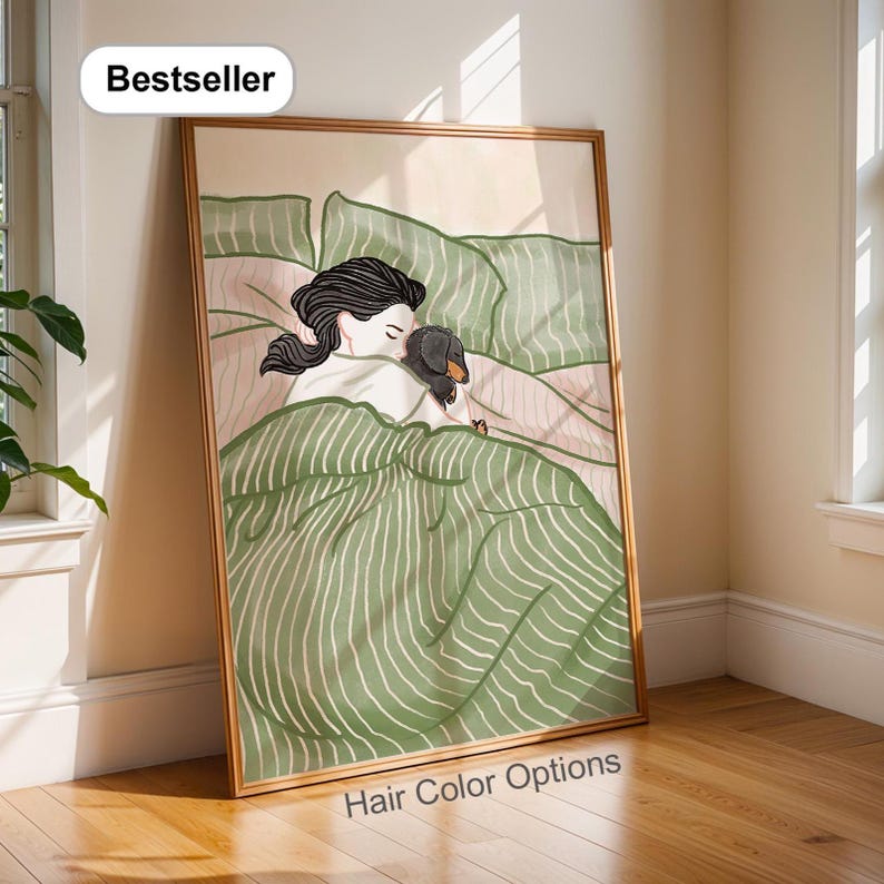 Cozy Bedtime Story Art Print - Cuddle Dog Poster- Dachshund Hand Drawn Poster Wall Art Gift for Her.
The peaceful expression and tender cuddle between those two capture a moment of pure comfort and quiet connection. The bedding's wavy lines and muted colors enhance the dreamy, tranquil mood—like a sweet bedtime story frozen in time. It's the kind of scene that makes you want to crawl into bed and hug your loved ones a little tighter.