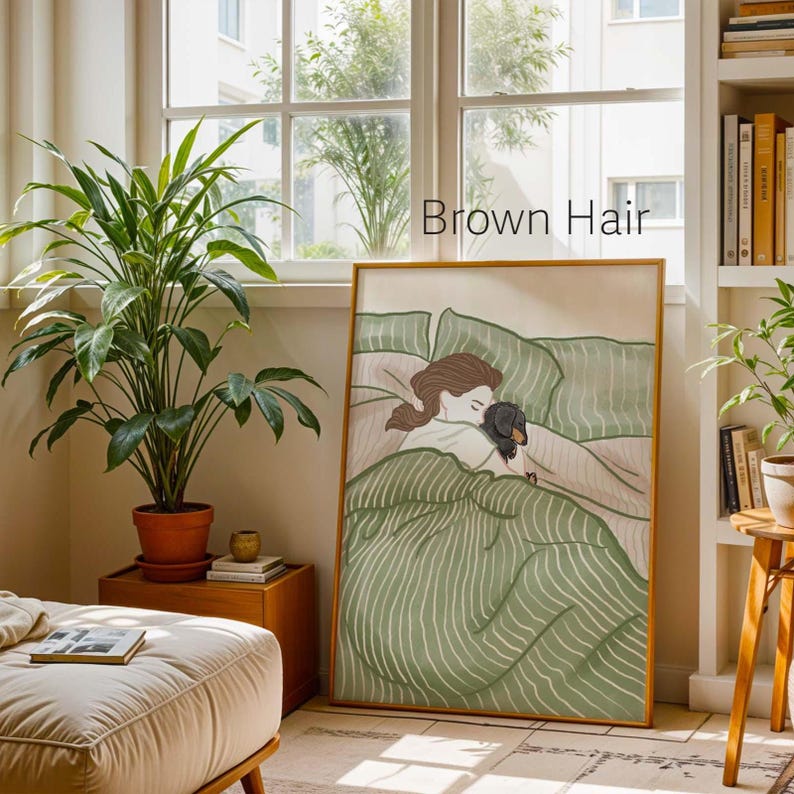 Cozy Bedtime Story Art Print 03- Cuddle Dog Poster- Dachshund Hand Drawn Poster Wall Art Gift for Her. Brown Hair
