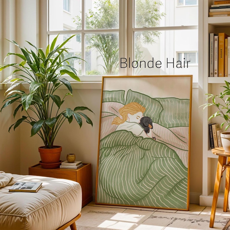 Cozy Bedtime Story Art Print 03- Cuddle Dog Poster- Dachshund Hand Drawn Poster Wall Art Gift for Her. Blonde Hair