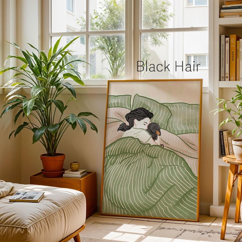 Cozy Bedtime Story Art Print 03- Cuddle Dog Poster- Dachshund Hand Drawn Poster Wall Art Gift for Her. Black Hair