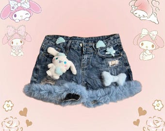 Navy denim shorts with faux fur trim, featuring a cute design