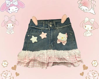 Adorable My Melody denim mini skirt with pink ruffles and ears